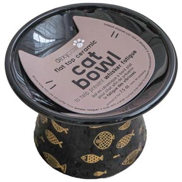 Imagem de Dexypaws: Tigela de cerâmica plana para gatos - impressão de peixe preto - 212 g, prato de alimentação para animais de estimação, comida e água, altura ergonômica elevada, compatível com bigodes