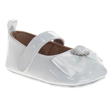 Imagem de Josmo Sandálias infantis para meninas, sola macia, primeiro andador, laço, flor, glitter, sapatilhas, para recém-nascidos, tamanho 2-4, Brilho branco, 16