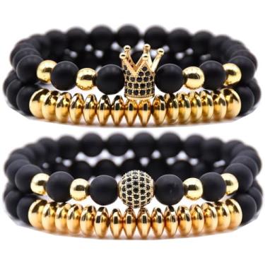 Imagem de HYHONEY Pulseira de contas micro pavê de zircão coroa rei 8 mm para homens e mulheres pulseira de casal preto natural fosco ônix contas de hematita elástico ajustável, One Size, Pedra, Zircônia