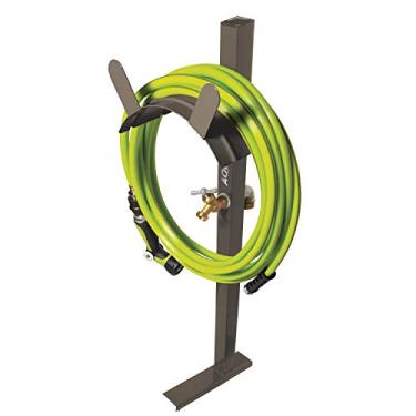 Imagem de Aqua Joe SJ-SHSBB-TAN Suporte de mangueira de jardim de aço com torneira de latão sólido e base de âncora de instalação rápida, bronze