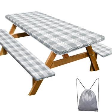 Imagem de Toalha de mesa de piquenique com capas de banco, essencial para acampamento, impermeável, à prova de vento, com bolsa com cordão, mesas e assentos retangulares ajustados, 152 cm, xadrez cinza