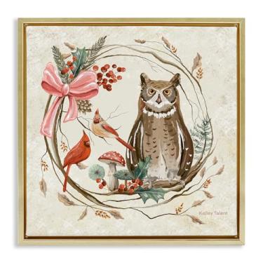 Imagem de Stupell Industries Coruja da floresta rústica grinalda dourada moldura flutuante arte de parede em tela, design por Kelley Talent, 45,7 x 45,7 cm