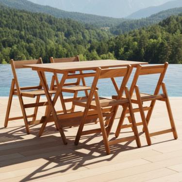 Imagem de Conjunto de Mesa 120x70cm e 4 Cadeiras Dobráveis em Madeira Eucalipto Verniz Marrom