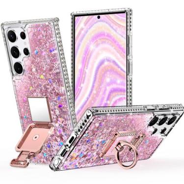 Imagem de Capa prateada para Samsung Galaxy S22 Ultra com suporte rosa - Silverb