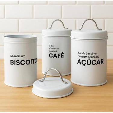Imagem de Kit 3 potes lata de mantimentos + bandeja industrial branco - linha do