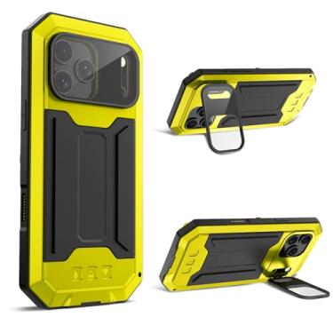 Imagem de FunnyWin Capa de metal compatível com iPhone 17 com suporte para câmera Gorilla Glass integrada, híbrida, militar, armadura de silicone resistente, capa de telefone para homem e mulher (amarelo)