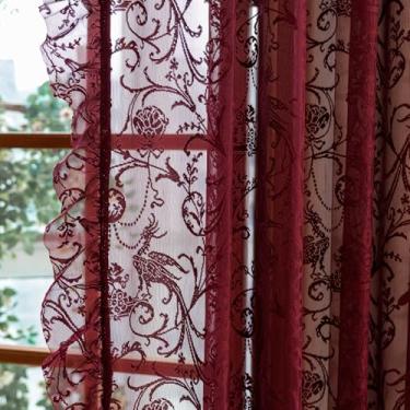 Imagem de TUDECO Cortinas marrons transparentes para quarto de 203 cm de comprimento - Cortinas de renda com estampa floral elegante para porta de armário 2 painéis, cortinas borgonha com filtragem leve com