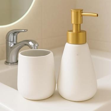 Imagem de Kit Banheiro Cerâmica 2 Peças - Porta Sabonete Líquido e Porta Escova para Decoração Lavabo(GOTA BRANCO C/DOURADO)
