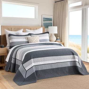 Imagem de CozyStitch Colcha grande California King de 325 x 304 cm – Colcha de cama acolchoada listrada moderna com fronhas | Algodão hipoalergênico ultramacio para decoração de casa estilo hotel | Azul-marinho