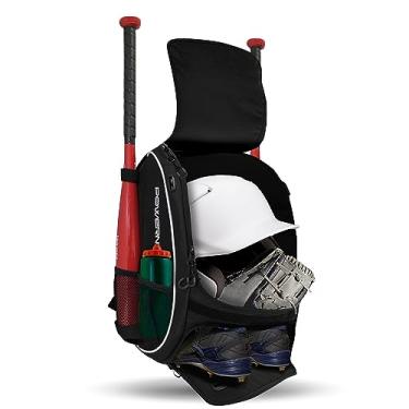 Imagem de PowerNet Mochila para tacos e equipamentos de beisebol de softbol | 48 x 35 x 25 cm | 2021 | Bolso principal grande ventilado | Compartimento de suporte respirável | Gancho de cerca | 2 bolsos para tacos e garrafas de água