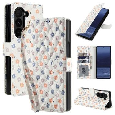 Imagem de Capa carteira para Samsung Galaxy Z Fold 6 com alça de pulso removível - couro sintético e TPU, fecho magnético, 3 compartimentos para cartão, bolso para dinheiro, suporte, à prova de choque, estampa