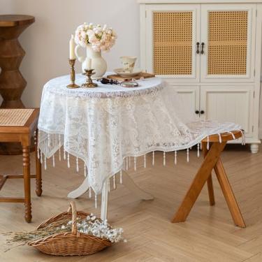 Imagem de Toalha de mesa quadrada de renda pequena bordada floral toalha de mesa de renda rústica com borlas penduradas vintage estilo francês capa de mesa para chá de panela, festa de casamento, decoração de