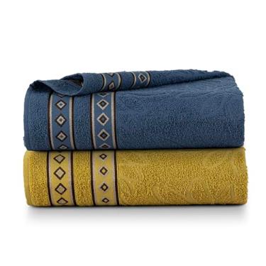 Imagem de Kit 2 Toalha de Banho Bloom Premium, 100% Algodão, Avulsa, com Detalhes Geométricos, 75cm x 150cm, 350g/m² (Azul e Amarelo)