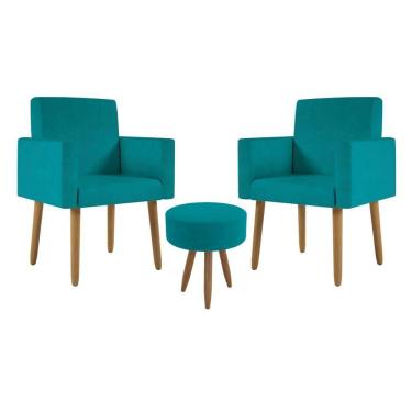 Imagem de Kit 2 Poltronas Decorativa Consultorio Nina Com Puff Balaqui Cor:azul Turquesa Azul Turquesa