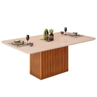 Imagem de Mesa de Sala Jantar Canes c/Tampo Madeirado Vidro Curvo 200x100cm Freijó/Off White - DJ Móveis