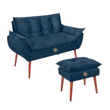 Imagem de Kit Namoradeira Opala 2 Lugares + Puff Suede Retrô - Sofá Compacto e Banco Pés Madeira Maciça - Conforto para Sala Estar/Quarto (VIT DECOR) (Azul Marinho)