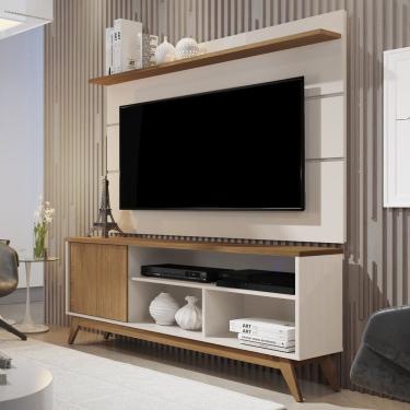Imagem de Rack com Painel para Tv 60 Polegadas Pés Madeira Maciça Retrô Malbec Wood Off White /Freijó