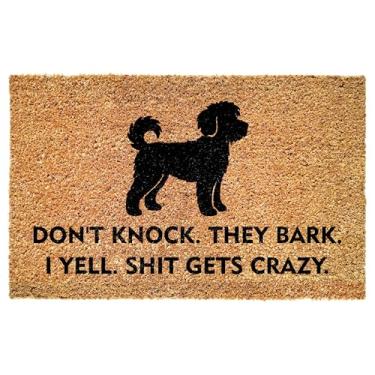 Imagem de Capacho de entrada engraçado Yorkipoo - Don't Knock They Bark I Yell Shit Gets Crazy - Citação ousada para varanda - Pátio - Decoração interna - Tapete antiderrapante durável - Donos de animais de