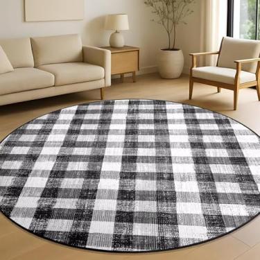 Imagem de COLORPAPA Tapete quadriculado 1,5 m, tapetes redondos laváveis para sala de estar, tapete moderno neutro antiderrapante para quarto, escritório, pátio, sala de jantar (preto e branco)