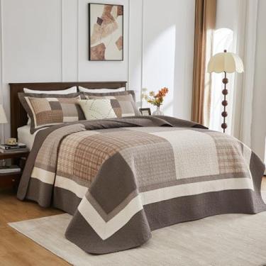 Imagem de Bedduvit Colchas King extragrandes 100% algodão 304,8 cm x 304,8 cm - colcha xadrez extragrande de casa de fazenda, conjunto de colcha, edredom leve, 3 peças, marrom/branco/bege