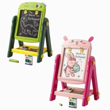 Imagem de Quadro de Desenho Infantil 2 em 1 Cavalete Educativo com Lousa Branca e Preta Design de Coelho Gira 360° com Canetinhas e Apagador (Verde)