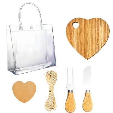 Imagem de Conjunto de presente de tábua de queijo em forma de coração de madeira de acácia, 6 peças, inclui saco de presente transparente, faca, garfo, barbante e etiqueta de papel, 15,7 x 6,9 x 15 cm