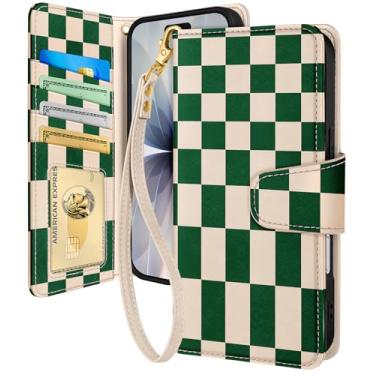 Imagem de Toycamp Capa carteira para iPhone 17 com alça de pulso - Capa de telefone flip de couro com bloqueio RFID 4 porta-cartões para Apple para iPhone 17 Funda estética fofa para mulheres senhoras, xadrez