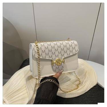Imagem de Bolsa tiracolo feminina com corrente acolchoada, bolsa de ombro vintage estampada nas axilas, bolsa tiracolo quadrada, bolsa mensageiro, Branco