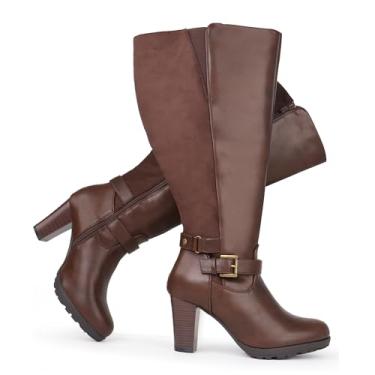 Imagem de Chicblooms Botas femininas plus size extra largas de salto alto com fivela no tornozelo, Camurça marrom, 42