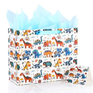 Imagem de OAOCOLOR Sacos de presente de animais grandes de 33 cm com papel de seda e cartão comemorativo para meninos, festas de aniversário infantis, chá de bebê, bebê, recém-nascido, novas mães ou pais