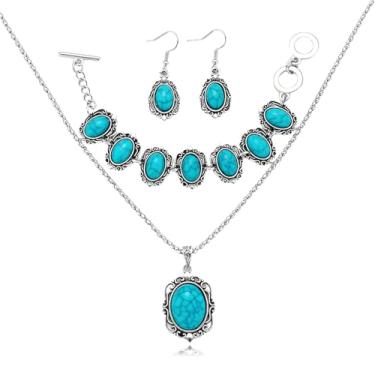 Imagem de RLHRNDE Conjunto de joias boho turquesa para mulheres homens moda boêmio pingente colar pulseira brincos pendentes bijuterias artesanais turquesa ocidental conjunto de joias presentes, Medium, Metal
