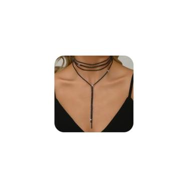 Imagem de Gargantilha feminina com strass preto em camadas, brilhante, escuro, longo, prata, cristal, declaração, festa, formatura, boêmio, brilhante, joia de zircônia cúbica, Large, Zinco, Sem Pedra Preciosa