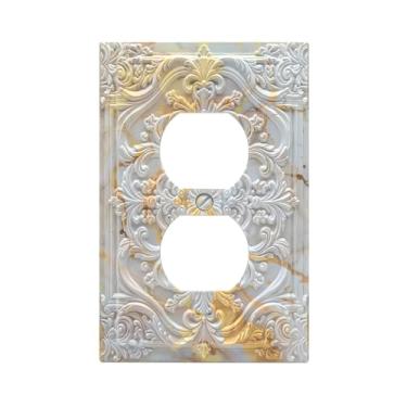 Imagem de Sghxwp Capas decorativas de mármore dourado cinza 3D floral em relevo 1 placa de cobertura de interruptor de luz duplex placa de parede exclusiva para decoração de quarto e casa