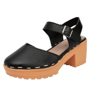 Imagem de getmorebeauty Sandálias femininas de salto baixo grosso mules sandálias com tira no tornozelo fechada plataforma sapatos, Preto, 6