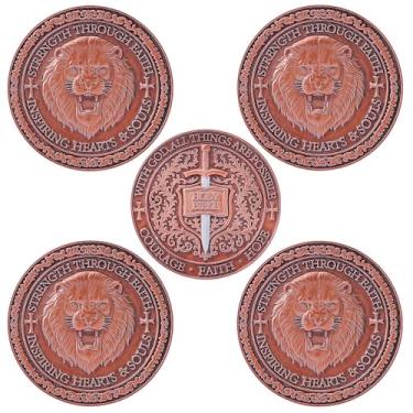 Imagem de 5 peças Moeda do Desafio do Fogo Sagrado Leão de Judá – Medalhão Cristão Fé e Coragem Símbolo Inspirador das Escrituras e Orações Presente de Lembrança Religiosa Comemorativa para Homens e Mulheres