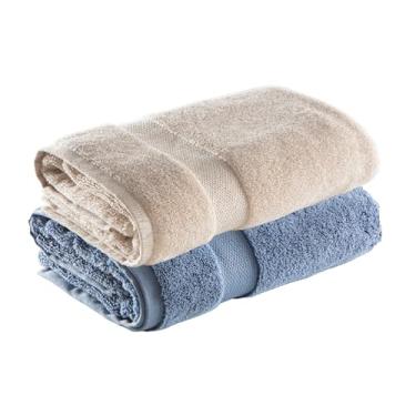 Imagem de Jogo de Toalhas Ele/Ela Super Soft Zero Twist Banhão 80x150cm 500g/m², 97% Algodão 3% Poliéster, Toque Macio, Alta Absorção e Design Sofisticado – Altihaus (Bege/Azul)