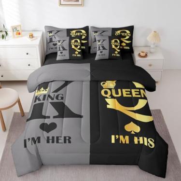 Imagem de Erosebridal Jogo de cama com tema de amor romântico, 7 peças, Queen King e Queen Crown para casal, dia dos namorados, casamento, presente para ela, dele, Sr. Mrs, jogo de lençol com edredom