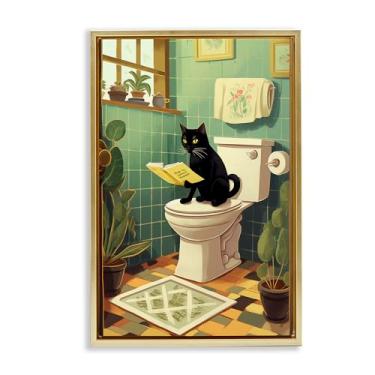 Imagem de Stupell Industries Arte de parede em tela flutuante emoldurada preta para leitura de gato no banheiro, design por Andreas Magnusson, 63 x 43 cm