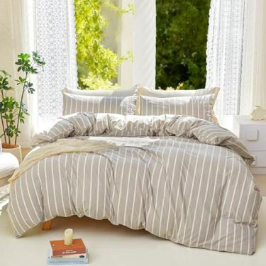 Imagem de DONEUS Conjunto de capa de edredom listrado king size 100% algodão lavado, 3 peças, super macio, respirável, confortável, natural, linho, texturizado, com fecho de zíper (listras largas de linho cinza