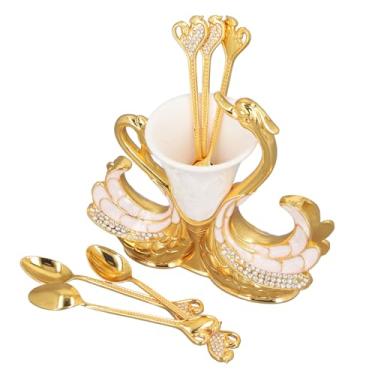 Imagem de Asixxsix Conjunto de Louças Em Forma de Cisne, Elegante Suporte de Base de Cisne Com 6 Colheres, Conjunto de Colher de Sobremesa de café de Liga de Zinco Polido Espelhado para Frutas (Dourada)