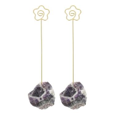 Imagem de PATIKIL Suporte de número de mesa, 2 peças de suportes de clipe de foto, pedra de cristal, quartzo, porta-cartões, em formato de flor crua, para notas de ferro, para festa de casamento, decoração de