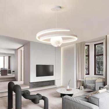 Imagem de Lustre moderno com design de anel LED dimerizável, luminária pendente criativa para sala de estar, grande, decorativa, com altura ajustável, ideal para quarto, restaurante, cozinha e escritó