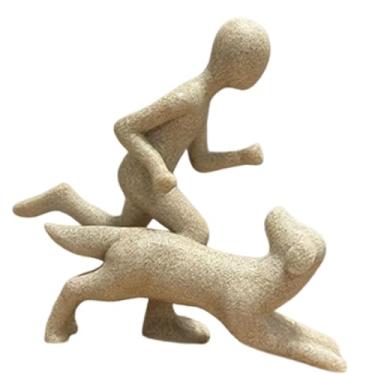 Imagem de Ｂｅｓｇａ Estátua de homem e cachorro para decoração de mesa, escultura artística para sala de estar, Cor de Arenito