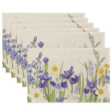 Imagem de Jogo americano de pano de flor roxa, jogo americano de mesa resistente ao calor floral de primavera, conjunto de 6, tapetes de linho laváveis para decoração de mesa de sala de jantar, casa