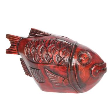 Imagem de Cofrinho de peixe esculpido em madeira, ornamento artesanal de poupança de moedas para decoração de casa e armazenamento de dinheiro (P)