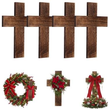 Imagem de Geelin 4 peças de decoração de cruz de madeira para parede, 40,6 x 28,8 cm, cruz pendurada artesanal, artesanato religioso, antigo, decoração de casa, decoração de parede retrô para Natal, sala de