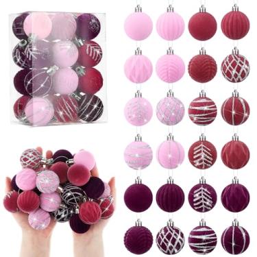 Imagem de Namalu Conjunto de 24 mini bolas de Natal de veludo de 4 cm, enfeites de árvore de Natal com glitter, enfeites de bola flocada, para pendurar em ambientes internos e externos, decoração de festa