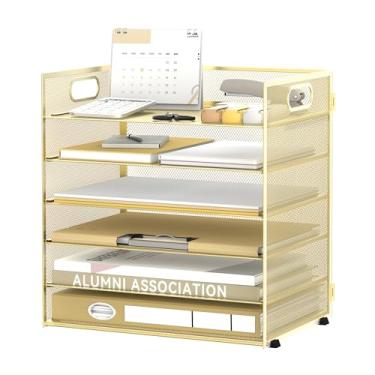 Imagem de Daltack Organizador de papel de 6 camadas para mesa, organizador de bandeja de papel para mesa, organizadores de arquivos de mesa de malha com alça para escritório, casa, escola, dourado