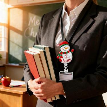 Imagem de Carretel de crachá de Natal retrátil com lindo design de boneco de neve, suporte de crachá de identificação de enfermeira de acrílico brilhante com clipe giratório de jacaré de 360°, extensão de 60 cm