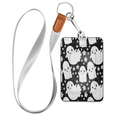 Imagem de Wassud Porta-crachá de couro PU Boo-boos com cordão, porta-cartão de identificação para trabalho, cordão de pescoço com compartimentos para cartões de crédito, funcionários, estudantes, 39,9 cm